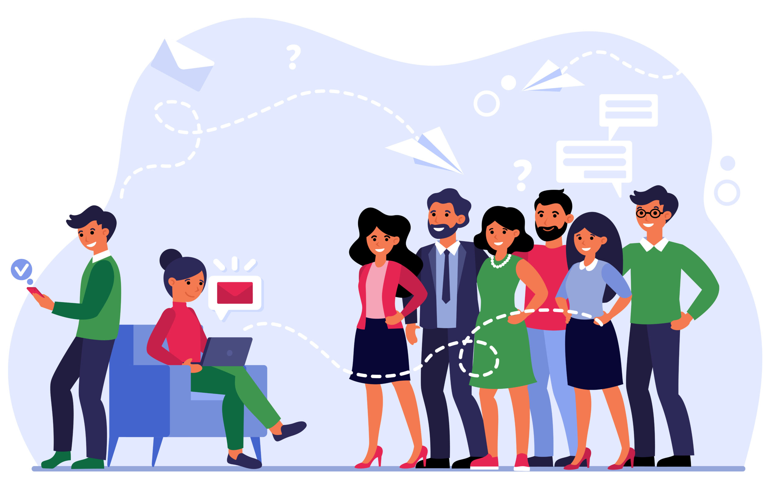 Manager sending emails to happy customers. Group of people, person with laptop, new message flat vector illustration. Communication concept for banner, website design or landing web page